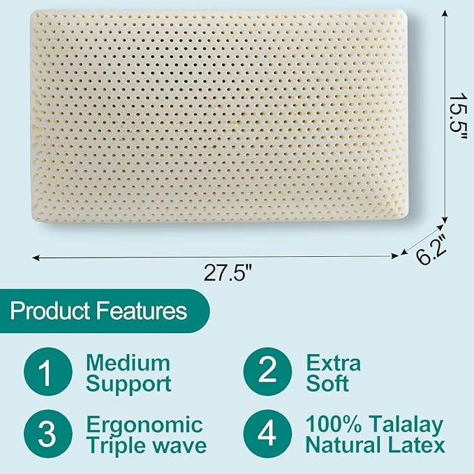 100% Talalay Latex Pillow Bed Pillow for Sleeping, Extra Soft Natural Latex Sleeping Pillow for Back, Stomach or Side Sleepers, Removable Breathable Cotton Cover - High Elasticity (Queen Size)
