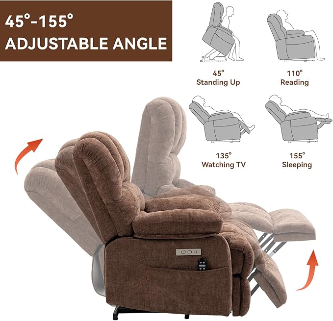 Large Power Lift Recliner Chair with Massage and Heat for Elderly, Ergonomic Backrest, Infinite Adjust, 2 Side Pockets,USB and Type-C Ports, Chenille Brown
