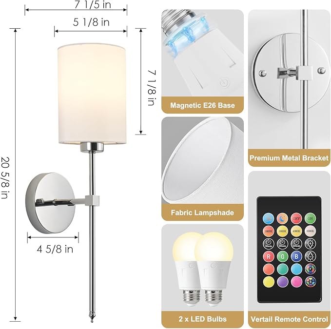 Battery Operated Wall Sconces Set of Two,Wireless Rechargeable Wall Light With Remote Control, Dimmable, Amber Light/Warm White/Natural White/Daylight/RGB,Timer,for Living Room,Bedroom,Entryway,Chrome