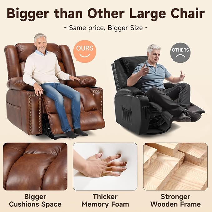 Large Power Lift Chair Recliner for Elderly with Heated and Massage, Overstuffed Adjustable Lift Chair, 3 Position, Breathable Leather, USB-A&USB-C, Cup Holder (Tall Man-7523, Brown)