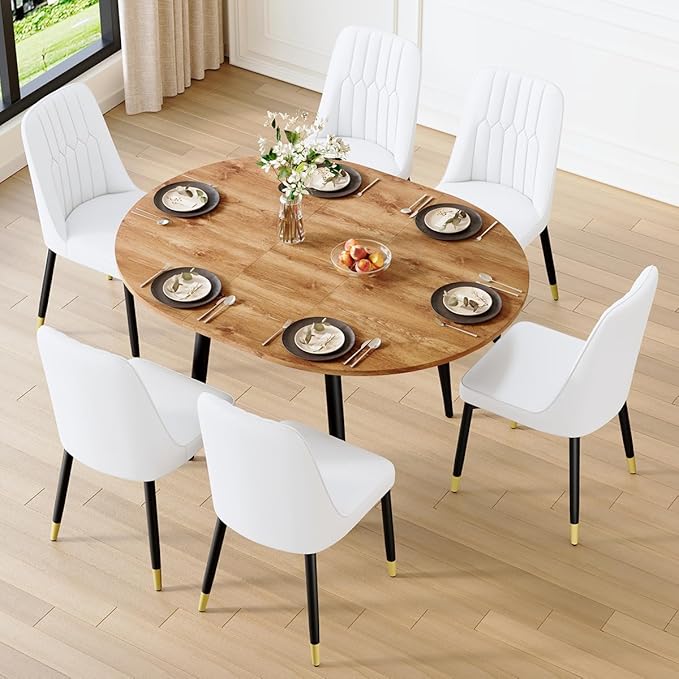42"-54" Extendable Dining Table Set for 6, Oval Dining Table Set for 6, 0.73" Thick Wood Tabletop with Smooth Edge, Black Metal Leg with Non-Slip Footmat, 6 Soft PU Chairs, for Kitchen, Small Space