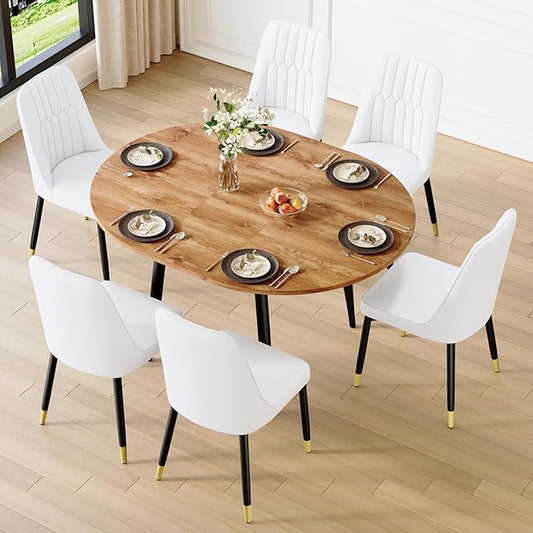 42"-54" Extendable Dining Table Set for 6, Oval Dining Table Set for 6, 0.73" Thick Wood Tabletop with Smooth Edge, Black Metal Leg with Non-Slip Footmat, 6 Soft PU Chairs, for Kitchen, Small Space