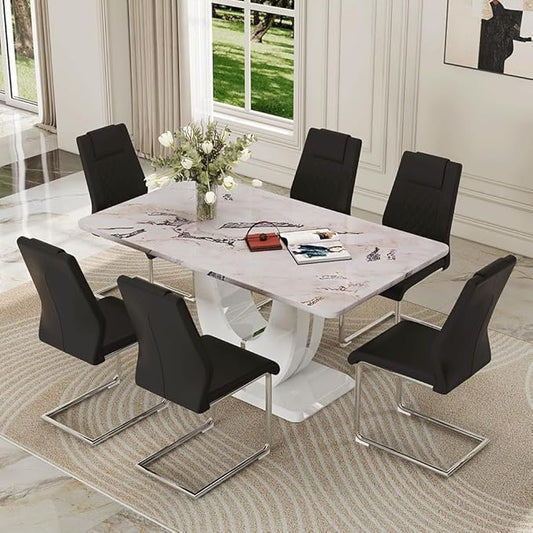 Dining Table Set for 6, Kitchen Table Chairs Set of 6, Modern Dining Room Set 63'' Faux Marble Dinner Table PU Leather Upholstered Chairs for Kitchen