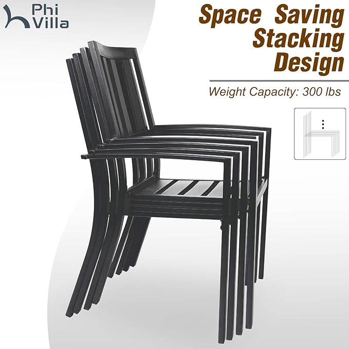 PHI VILLA 7 Pieces Outdoor Dining Set for 6, 65” Wood-Like Metal Steel Dining Table & Stackable Iron Dining Chairs, Large Dining Furniture Set for Patio, Deck, Yard, Porch