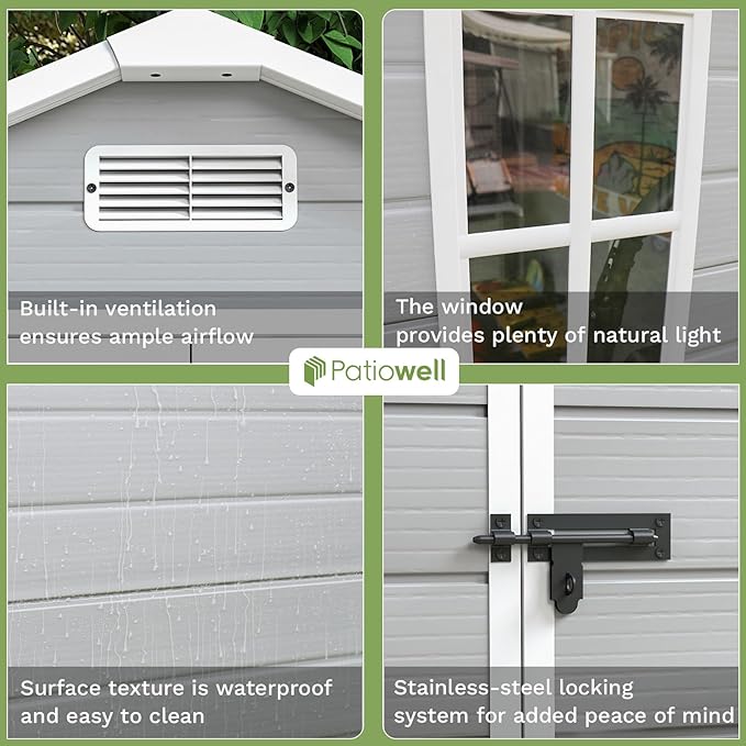 Patiowell 6x4 FT Plastic Outdoor Storage Shed, Resin Shed Perfect to Store Patio Furniture, GardenTools Bike Accessories, Beach Chairs and Lawn Mower,Light Grey