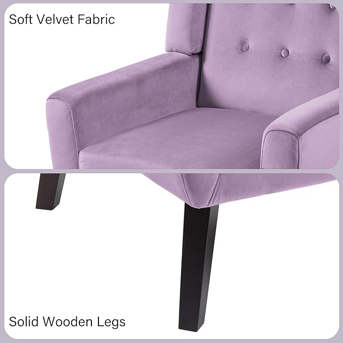 Accent Chair, Mid-Century Modern Velvet Fabric Chairs with Arms for Living Room, Comfy Upholstered Club Single Sofa Armchair for Bedroom Waiting Room with Solid Wood Frame (Velvet Purple, Set of 2)