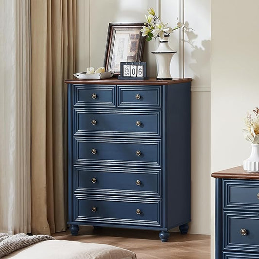 Farmhouse 6 Drawer Dresser, Blue Chest of Drawers, 43.5" Tall Dressers for Bedroom with Roman Column and Metal Handles, Rustic Wood Storage Organizer for Living Room, Hallway, Closet