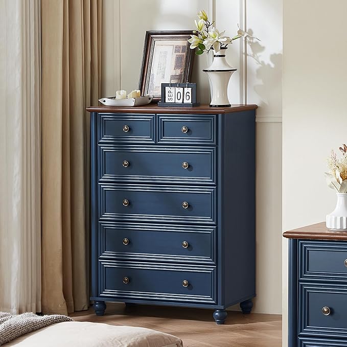Farmhouse 6 Drawer Dresser Set of 2, Chest of Drawers for Bedroom, 43.5" Tall Blue Dresser with Roman Column, Rustic Wood Storage Dressers Organizer for Living Room, Hallway, Closet