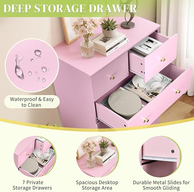 Karl home Pink 7 Drawer Dresser for Bedroom, Tall Dresser Chest of Drawers, Rustic Wood Bedroom Dressers Clothes Organizer, Anti-Tipping Device, Rose Gold Metal Handle, Living Room, Entryway, Office