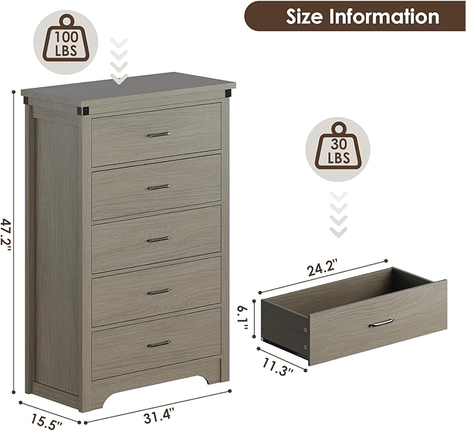 Farmhouse 5 Drawer Dresser for Bedroom, 47" Tall Chest of Drawers, Wood White Dresser with Deep Drawers, Storage Dressers Organizer for Bedroom, Living Room, Hallay, Grey