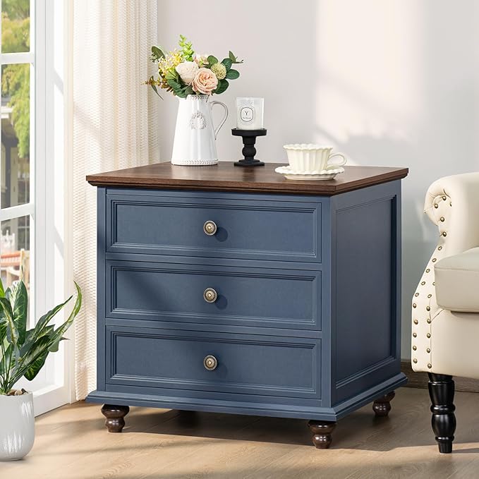 24" Wide Farmhouse Night Stand,Large End Table with 3 Drawers & Metal Handle,Navy Blue Dresser for Bedroom, Wood Bed Side Table Chest of Drawers, Nightstand Cabinet for Living Room,Closet