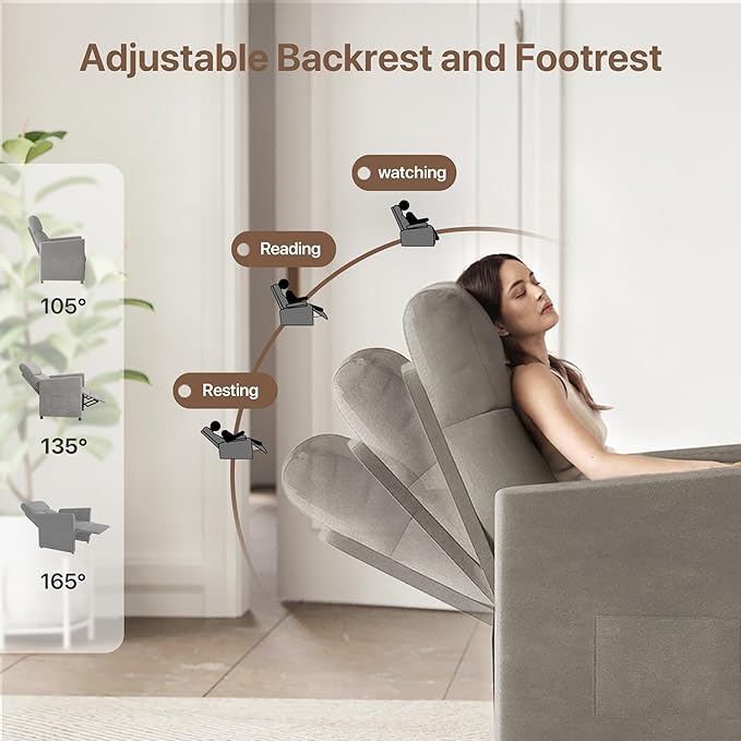 Claiks Power Recliner Chair for Adults, Adjustable Reclining Chair, Comfortable Recliner Couch with Side Pockets&Wire Remote Control, for Living Room, Home Theater, Bedroom, Linen Fabric, Light Grey