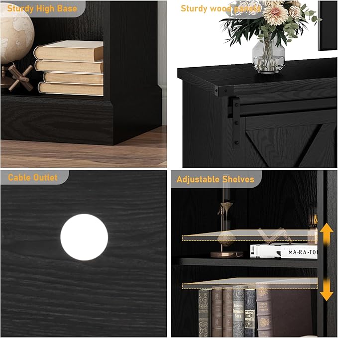Farmhouse Fireplace TV Stand for 70/75/80 Inch TV, 70 inch Entertainment Center Storage Cabinets with 36”Electric Fireplace and Sliding Barn Doors, Media Console Cabinet for Living Room, Black