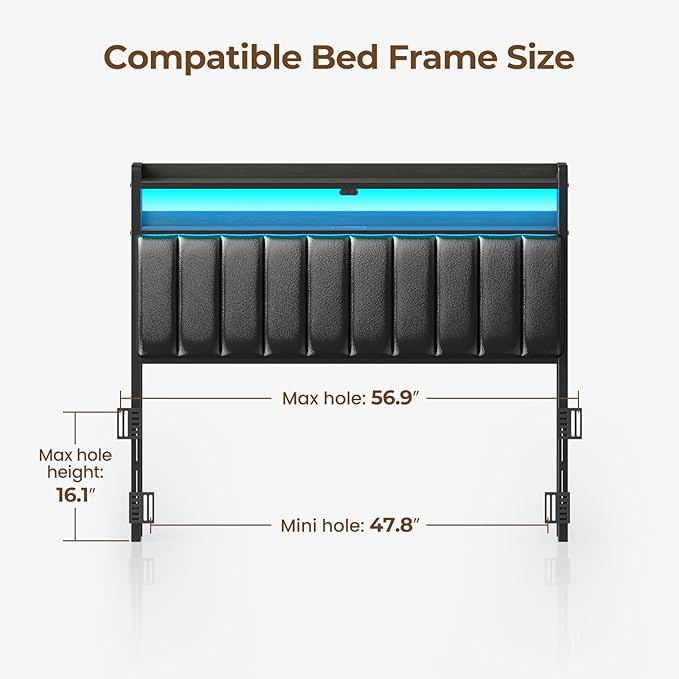 Rolanstar Headboard for Full Size Bed with Storage, 60,000 DIY Color of LED Light, Head Board with USB & Type C Port, Height Adjustable, Black Upholstered Cabeceras de Cama Comfortable Modern, Leather