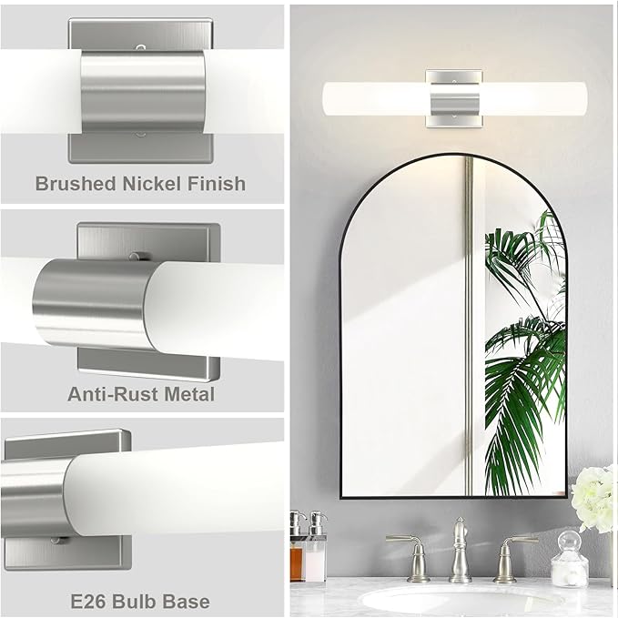 Bathroom Wall Sconces Set of Two, 21 Inch Modern Vanity Lights with Frosted Glass Shade, Bathrooms Vanity Lighting Fixtures for Mirror Bedroom Living Room Hallway (Silver)