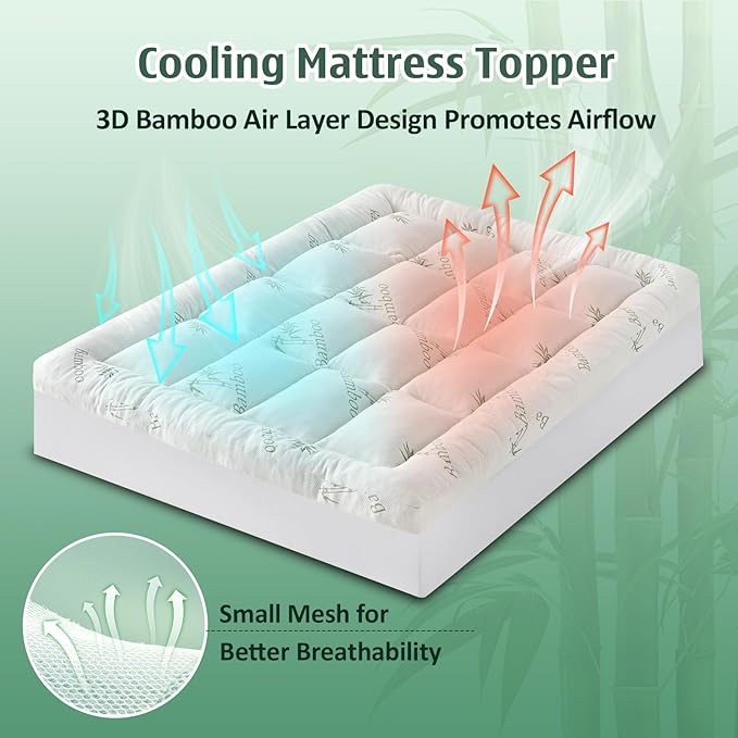 DOWNCOOL 3 Inch Memory Foam Mattress Topper King – Cooling Pillow Top Mattress Topper for Back Pain Relief, with Bamboo Viscose Air Layer, 1600 GSM Fill, Deep Pocket Fits 8–21 Inch