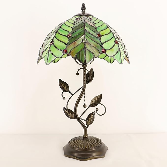 Tiffany Table Lamp, Stained Glass Desk Light, W12H19 Inch, Metal Leaf Base (Brown Green Leaf)