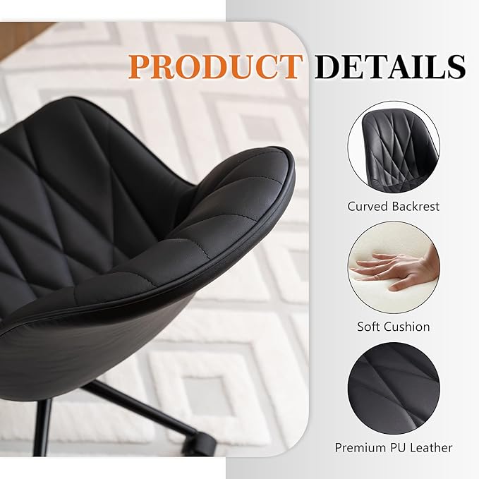 Rowill Modern Office Chair - Ergonomic Swivel Leather Desk Chair with Curved Backrest, Height Adjustable Rolling with Wheels, Perfect for Study Room & Office, Black