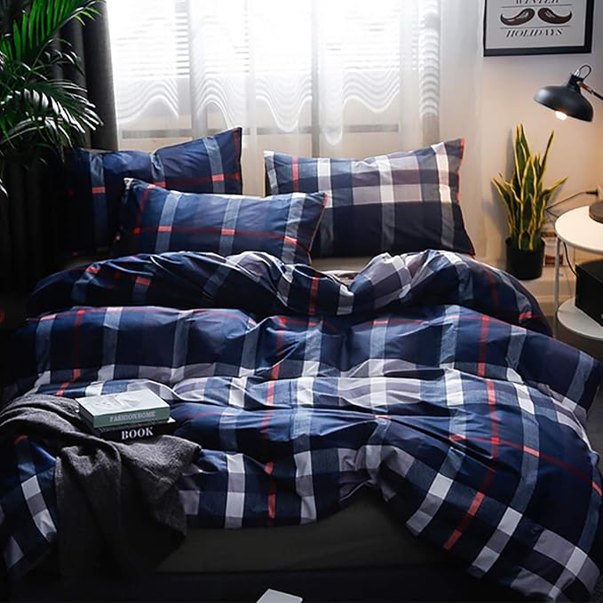 CLOTHKNOW Blue Plaid Twin/Twin XL Comforter Set Tartan Bedding Comforter Sets All Season Geometric Grid Comforters Buffalo Comforter with 2 x Pillow Cases