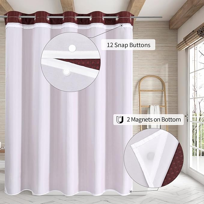 MitoVilla No Hooks Needed Burgundy Waffle Shower Curtain with Snap-in Liner, Modern Waffle Weave Heavy Duty Fabric Cloth Shower Curtain for Luxury Neutral Hotel Spa Bathroom Decor, 72 x 74, Burgundy