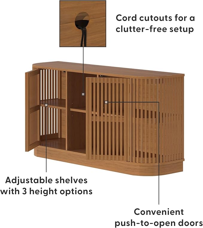 Plank+Beam Contour Wood TV Stand, Two Door Solid Wood Entertainment Console with Storage, 59" L x 16" W x 30" H, Pecan