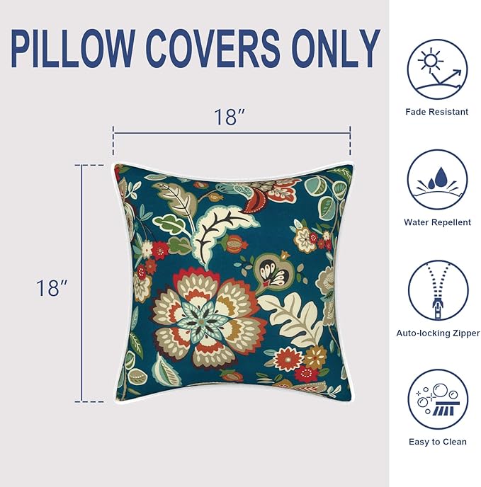 Outdoor Throw Pillow Covers Pack of 2, Decorative Water Repellent Square Pillow Cases 18x18 Inch, Patio Pillowcases for Home Patio Furniture Use, Peacock Blue