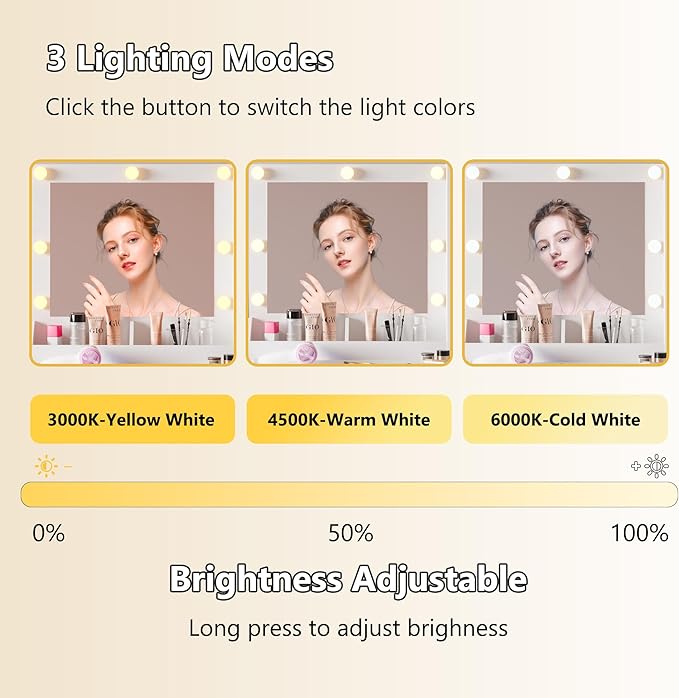 Small Vanity Desk with Mirror and Lights, Makeup Vanity Desk with Adjustable Brightness 3 Light Modes, RGB Storage Cabinet, Power Outlet, Drawer, Shelves, Vanity Table for Women Girls Bedroom