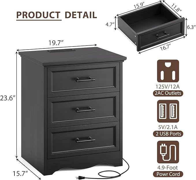 Farmhouse Nightstand with Charging Station, 19.7" End Table with 3 Drawers Storage, Black Wooden Night Stand, Bed Side Table with Unique Base Design, 3 Drawer Dresser for Bedroom, Living Room
