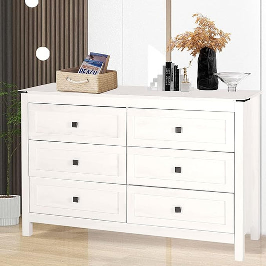 Farmhouse 6 Drawer Dresser for Bedroom, Wide Wood Dresser with Metal Handle for Bed Room, Hallway, Light Beige Rustic Oak