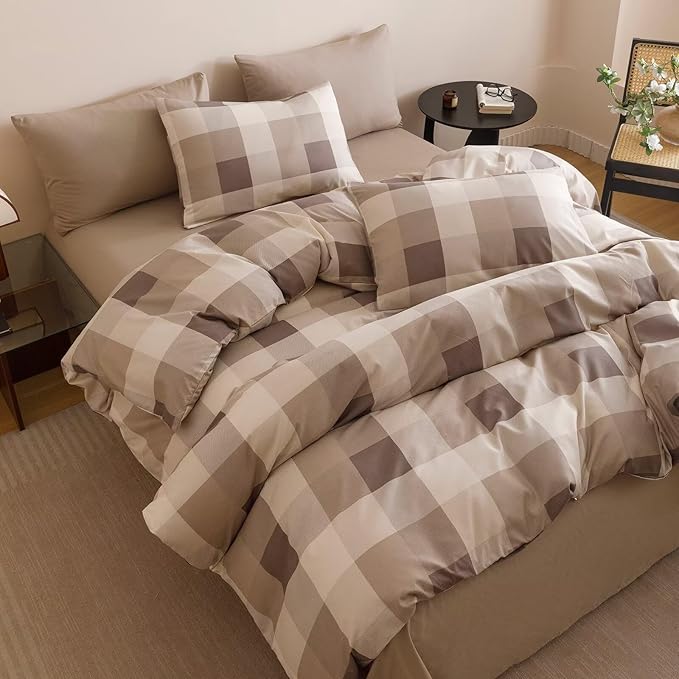 Cottonight Checkered Khaki Comforter Set Full Gingham Grid Bedding Set Khaki and Cream Coffee Grid Comforter Fluffy Soft Bedding Set Kids Teens Full Comforter with 2 Pillowcases