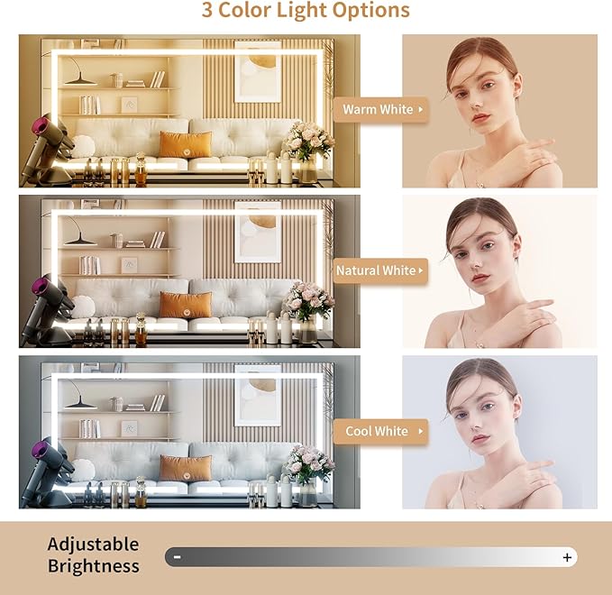 VOWNER Vanity with Lighted Mirror - 47" Glass Top Makeup Vanity Desk with 9 Drawers and Power Outlet, 3 Color Lighting Modes Adjustable Brightness, Makeup Desk with Cushioned Stool for Bedroom, Black