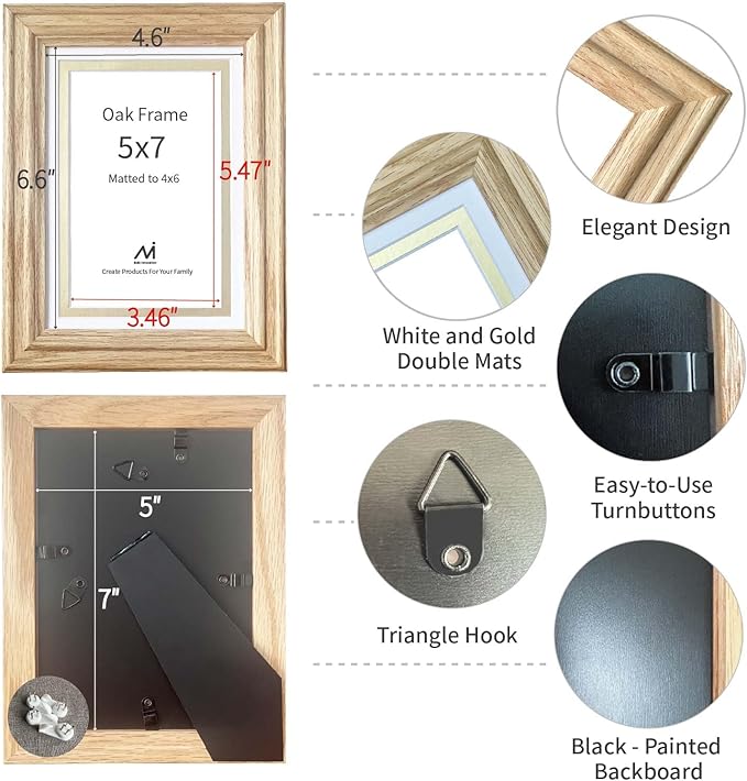 5x7 picture Frame Matted to 4x6, 5*7 Solid Oak Wood Picture Frame ,4*6 Picture Frame with Mat ,5 by 7 Premium Photo Frame with Real HD Tempered Glass,Tabletop or Wall Mount Display,Oak Color, 1 Pack