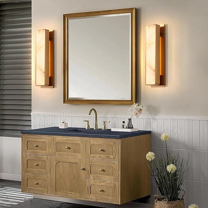 Modern LED Natural Alabaster Gypsum Wall lamp 15W Warm Yellow 2700K Wall Mounted Wall lamp Indoor sucelating Alabaster Gypsum Wall Mounted Lighting Suitable for Living Room (Imitation Brass Color)