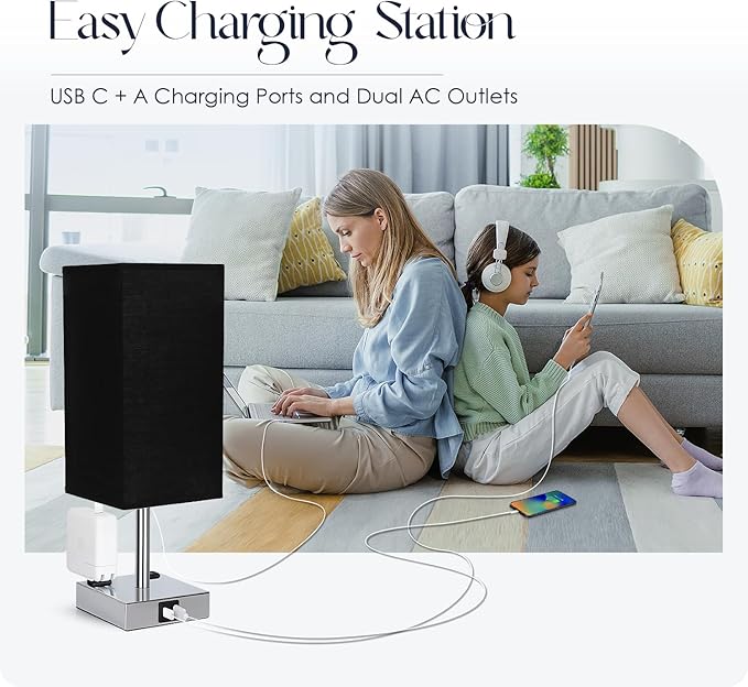 Bedside Lamp with USB Ports - Touch Control Table Lamp for Bedroom with USB C+A Charging Ports & AC Outlets, 3 Way Dimmable Nightstand Light for Living Room (Bulb Included, Black)