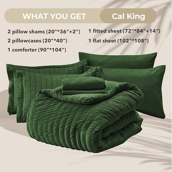 HYMOKEGE Dark Green California King Comforter Set Seersucker 7 Pieces, All Season Luxury Bed in a Bag Queen for Bedroom, Bedding Set with Comforter, Sheets, Pillowcases & Shams