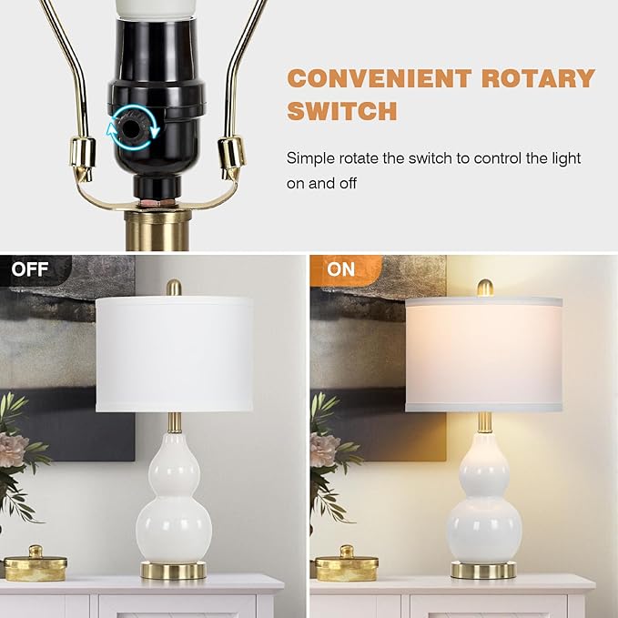 Double Gourd Ceramic Table Lamps Set of 2, Modern White Bedside Lamps for Night Stand, Contemporary Nightstand Lamps for Bedroom Living Room (Bulb Included)