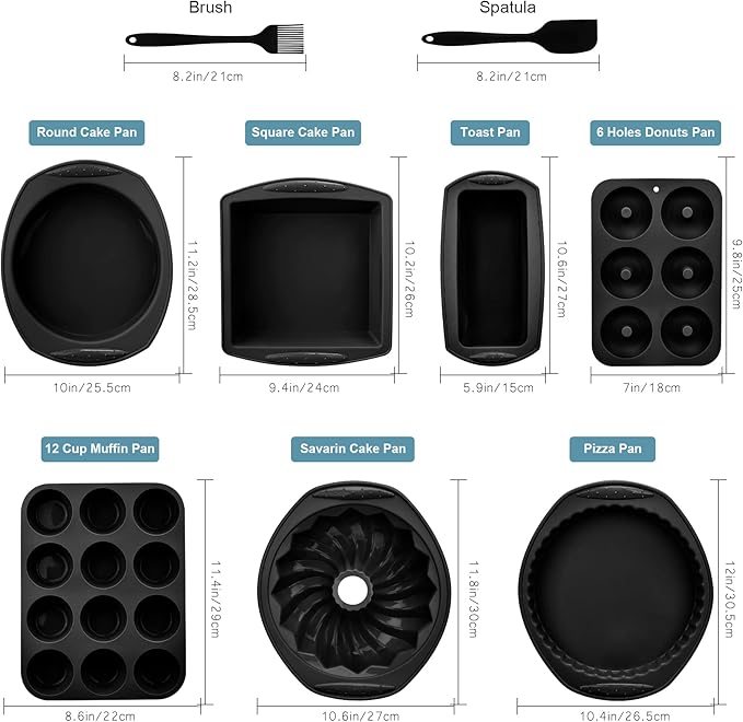 9in1 Nonstick Silicone Baking Bundt Cake Pan Cookie Sheet Molds Tray Heat Resistant Bakeware Tools Kit for Muffin Loaf Bread Pizza Cupcake Utensil