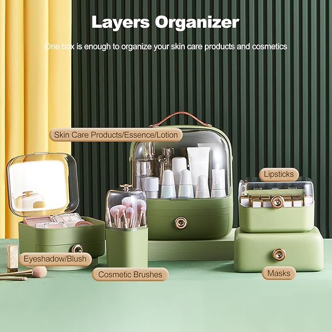 Ergocar Make Up Case Dustproof Cosmetics Skin Care Products Cosmetic Storage Box, Multi-Function Jewelry Organizer Case - Green + Drawer