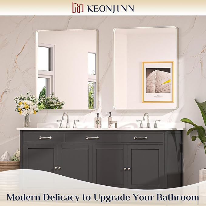 Keonjinn 30 x 36 Brushed Nickel Bathroom Mirrors for Over Sink, Rounded Rectangle Bathroom Vanity Mirror, Brushed Silver Framed Farmhouse Mirror, HD Tempered Glass Wall Mirror(Horizontal/Vertical)