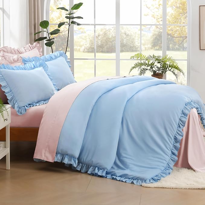 Litanika Light Blue Queen Comforter Set, 3 Pieces Ruffle Farmhouse Aesthetic Bedding Comforter Set, All Season Soft Lightweight Fluffy Microfiber Bed Set(90x90In Comforter, 2 Pillowcases)
