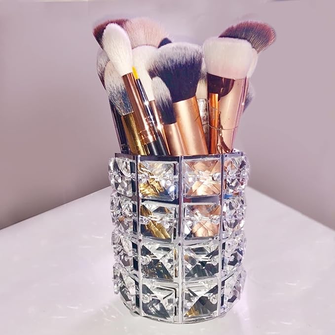 LUGUNU Makeup Brush Holder with Silver Golden Crystal Bling – Elegant Vanity Organizer for Brushes, Pens & Pencils, Ideal for Bathroom or Office Countertop(2Pack)