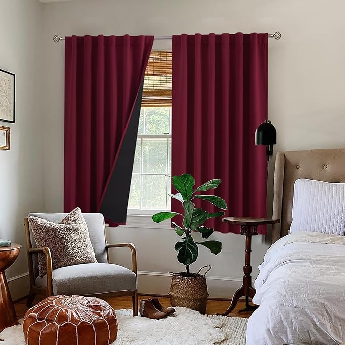 BGment Full Blackout Curtains with Thermal Insulation Liner Curtains 54 Inches Long, Rod Pocket and Back Tab Double Layer Room Darkening Window Curtain for Bedroom(52 x 54 Inch, 2 Panels, Burgundy)