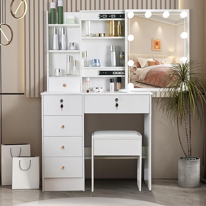 JBLCC Vanity Desk with Mirror and Lights, White Vanity with Lights, 3-Color Light Sliding Mirror, 6 Drawers & Open Shelves, Small Vanity Desk with Lighted Mirror for Bedroom
