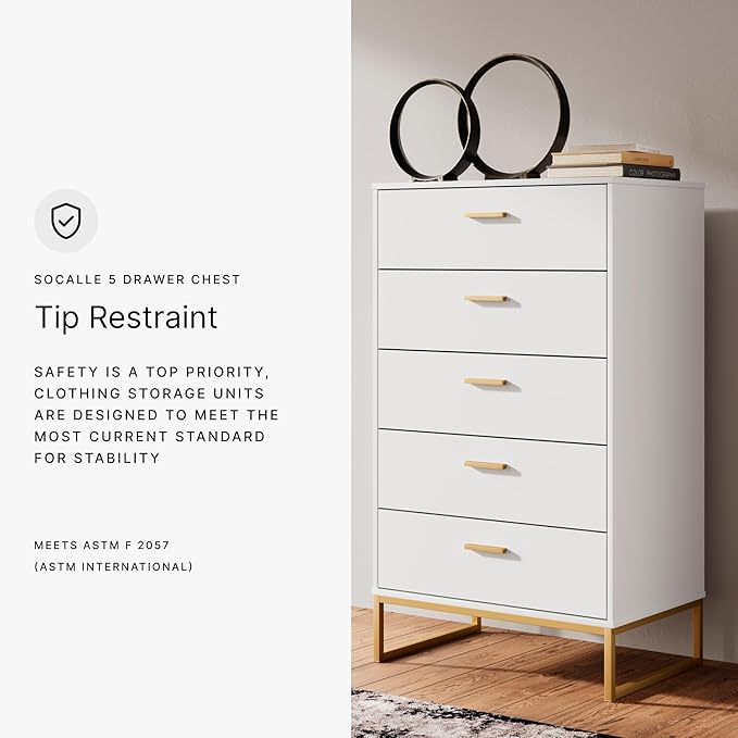 Signature Design by Ashley Socalle Modern 5-Drawer Chest of Drawers with Safety Stop, White & Metallic