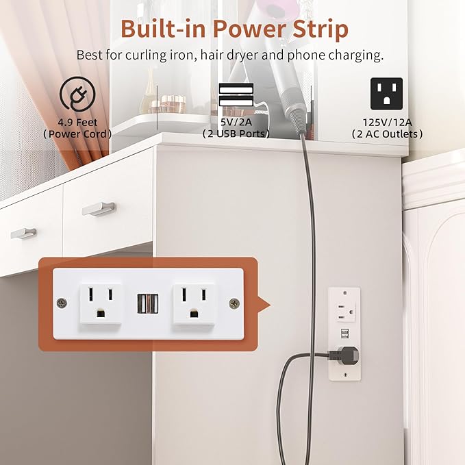 SMOOL Vanity with Lighted Mirror, Makeup Desk with Power Outlet, 3 Color Light Options, Adjustable Brightness, Vanity Table with 6 Storage Shelves, 2 Large Drawers and Cushioned Stool, White