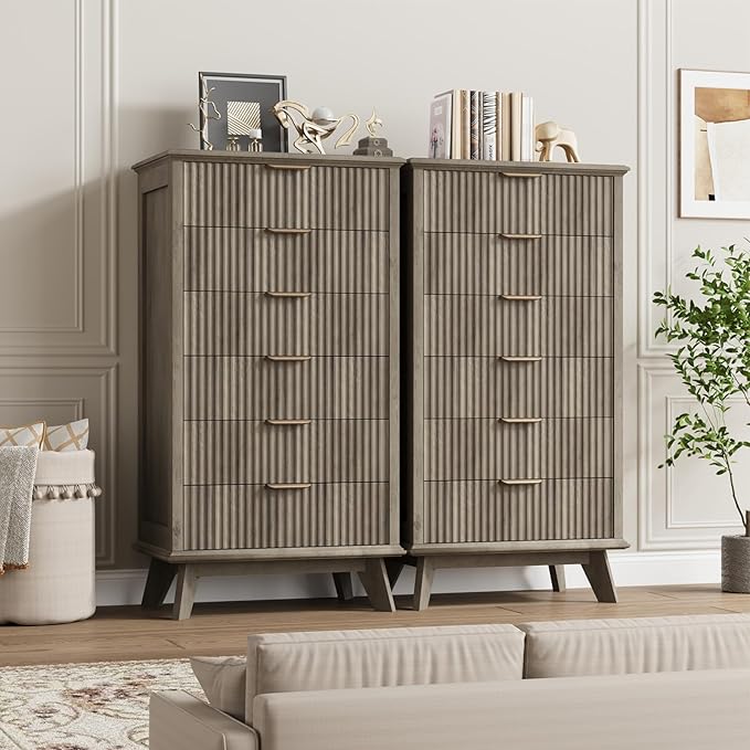 QUW Fluted 6 Drawer Dresser for Bedroom, Modern Tall Chest of Drawers with Metal Handle, Large Wood Storage Chest Organizer Accent Storage Cabinet for Living Room, Hallway, Entryway, Grey