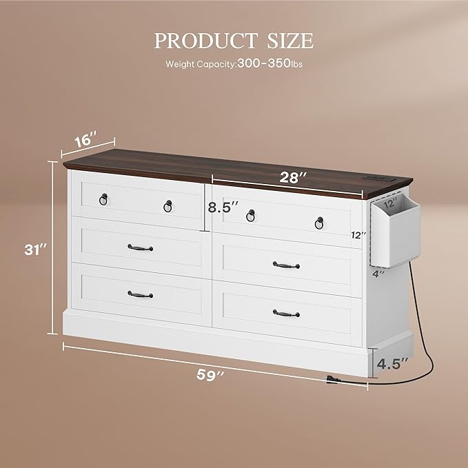 DWVO Farmhouse 6 Drawers Dresser, 59" Wide Wood Rustic Chest of Drawers with Nice Texture, Vintage Design, Storage Dressers Organizer for Living Room, Hallway, White