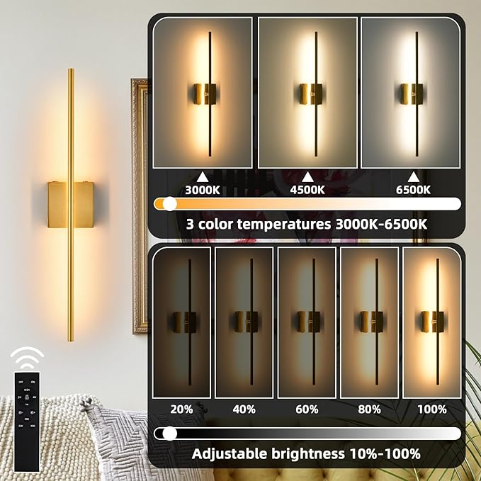 Battery Operated Wall Sconces set of 2, 16000mAh Brushed Gold Rechargeable Wall Sconce with Remote Control, 3000K-6000K Dimmable LED Wireless Wall Light for Living Room Hallway Bedroom Stairs 29 Inchs