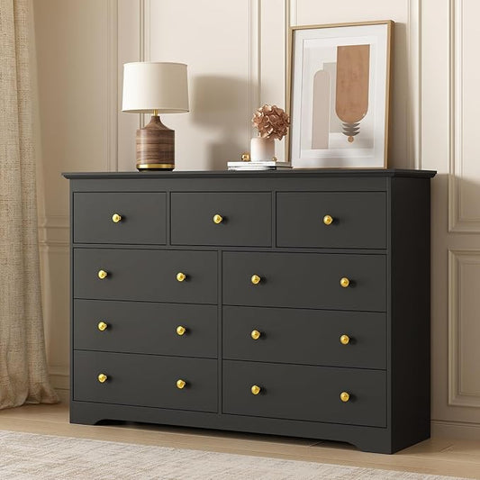 LYNSOM Modern 9 Drawer Dresser, 55.1" Wide Dressers & Chests of Drawers with Large Capacity Storage, Mid Century Black Dresser for Bedroom, Hallway, Black