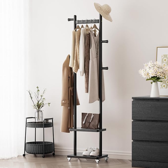 Solid Wood Coat Rack Freestanding Clothing Rack with Wheels & 2 Shelves Storage & 5 Hooks Heavy Duty Clothes Rack Wood Coat Tree Stand Hat Hanger Rack for Corner Bedroom Entryway Living Room Hotel